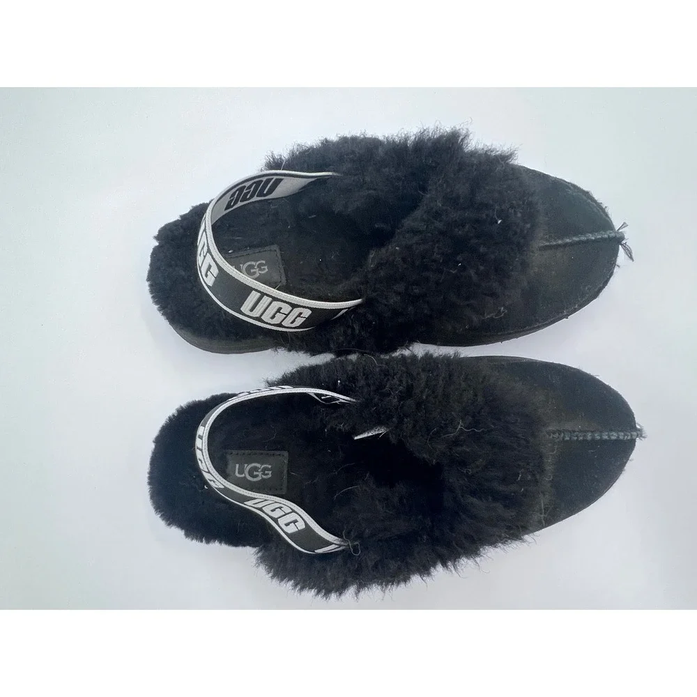 UGG Kids Black‎ Suede Sheepskin Fur Slingback Slippers Slides Shoes Size 4 Youth